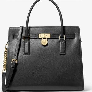 Michael Kors Black Leather Tote Bag with Gold Accents